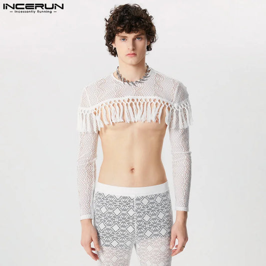 INCERUN Tops 2024 Fashion Men's Tassel Patchwork Lace Mesh Cropped Design T-shirts Sexy Casual Thin Long Sleeved Camiseta S-5XL