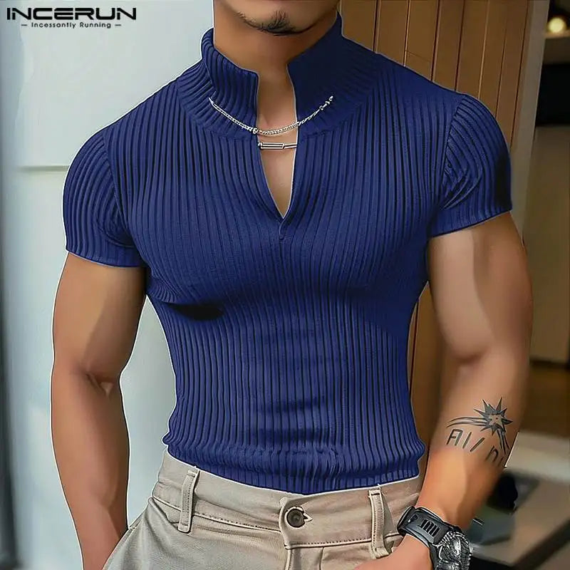 INCERUN Tops 2024 Koreanische Stil Neue Männer Gestrickte Halb Hohe Ausschnitt Kette T-shirts Casual Einfache Männliche Kurzarm Camiseta S-5XL