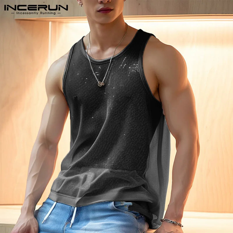 Men Tank Tops Solid O-neck Sleeve Mesh Transparent Sexy Vests Streetwear 2024 Fashion Party Casual Men Clothing S-5XL INCERUN