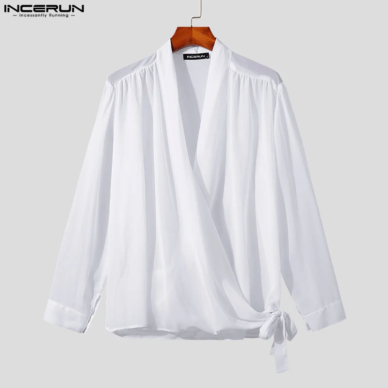 INCERUN Tops 2023 Style coréen Nouveaux hommes Pile Up Collar Tie Up Blouse Mode Solide All-match Mousseline de soie Chemises à manches longues S-5XL