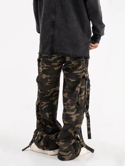 HOUZHOU Oversize Camo Cargo Pants Men Pockets Camouflage Wide Leg Trousers Male Clothing Vintage Streetwear Hip Hop Ribbons