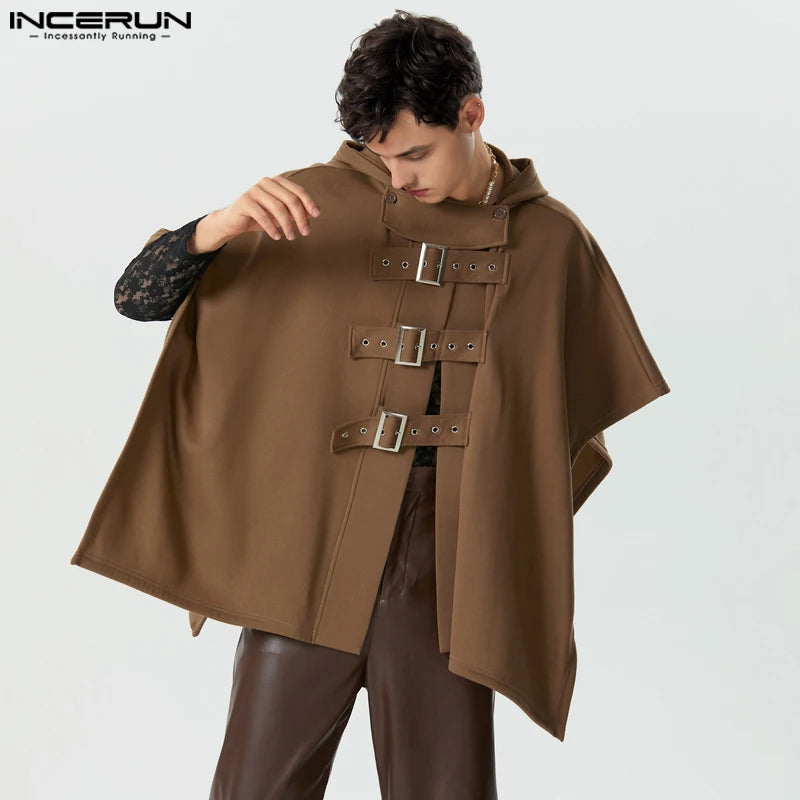 2023 Men Cloak Coats Solid Color Hooded Button Irregular Trench Ponchos Streetwear Loose Fashion Casual Male Cape S-5XL INCERUN