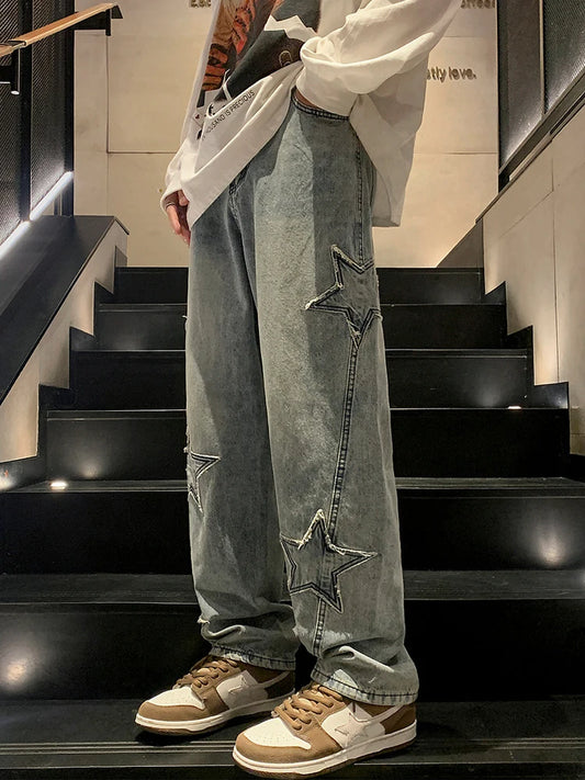 HOUZHOU Stars Embroidery Y2K Baggy Jeans Men Denim Pants Male Clothes Straight Hip Hop Cotton Trousers Pantalon Homme Mens Jeans