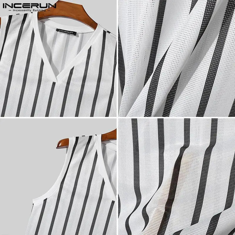 Fashion Casual Style Tops INCERUN New Mens V-neck Striped Perspective Vests Streetwear Male Sexy Sleeveless Tank Tops S-5XL 2024