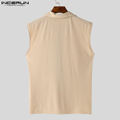 Fashion Well Fitting Tops INCERUN Men's Zipper Design T-shirts Casual Streetwear Male Solid Lapel Sleeveless Camiseta S-5XL 2024