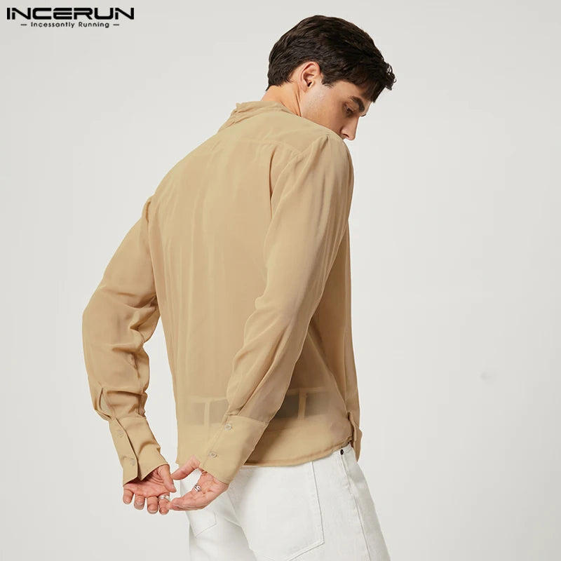 INCERUN Tops 2023 Style américain Nouvelle mode pour hommes Rayures lumineuses Pile Blouse Casual Couleur unie Cross Manches longues Chemises S-5XL