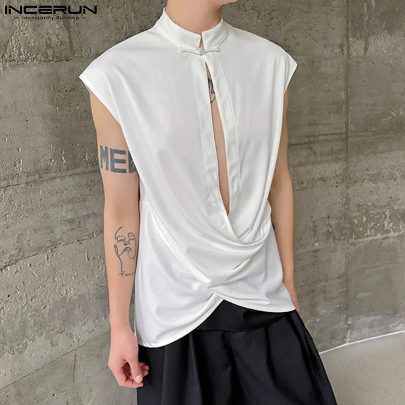 INCERUN Tops 2024 Korean Style Casual Men Stand Neck Buckle Cross Hollow Vests Summer Solid All-match Sleeveless Tank Tops S-5XL