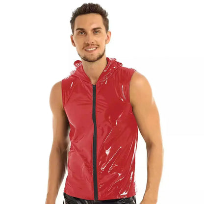 S-7XL Plus Size Mens Shiny PVC Leather Hoodies Shirts Sleeveless Wetlook Latex Tank Tops Hooded Leather Vest T-shirt Full Zipper