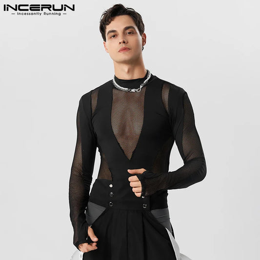 INCERUN Men Bodysuits Mesh Patchwork Transparent Turtleneck Long Sleeve Sexy Rompers T Shirt Men 2023 Fitness Party Bodysuits