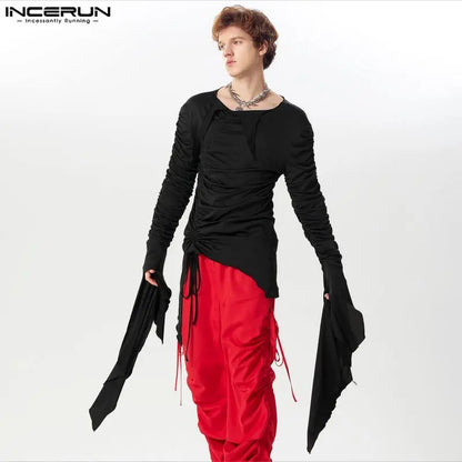 INCERUN Tops 2024 American Style New Men's Pleated Long Ribbon Design T-shirts Fashion Casual Solid Long Sleeved Camiseta S-5XL