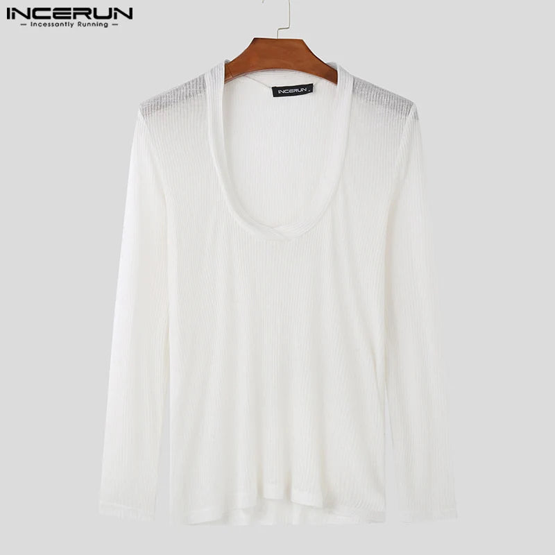 INCERUN Tops 2024 Korean Style Fashion Men's Knitted T-shirt Casual Male Slightly Transparent V-neck Long Sleeved Camiseta S-5XL