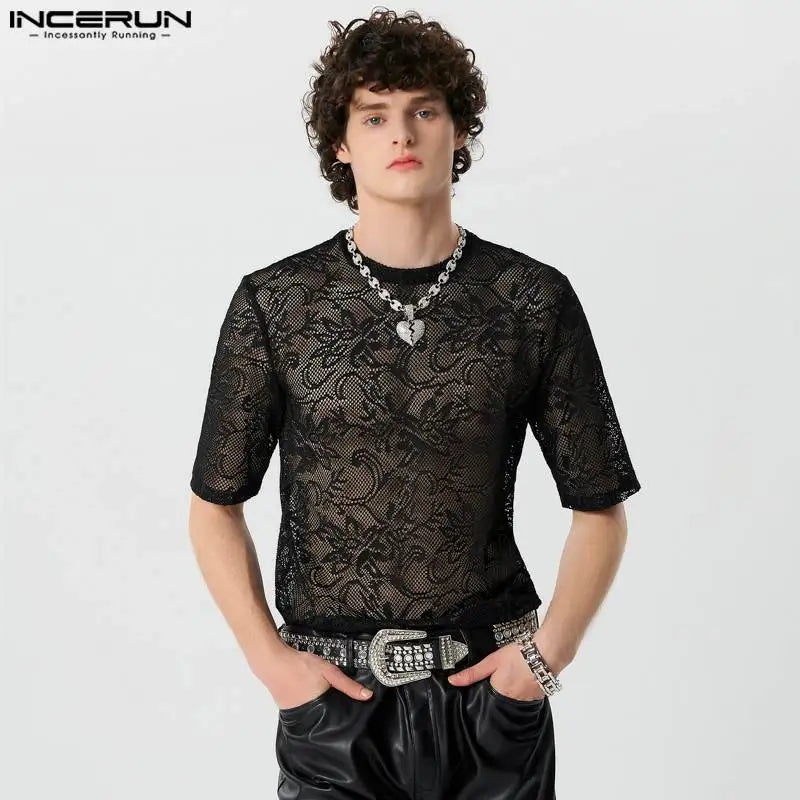 INCERUN Tops 2024 American Style Fashion New Men's Lace Jacquard Design T-shirts Casual Male O-neck Short Sleeved Camiseta S-5XL