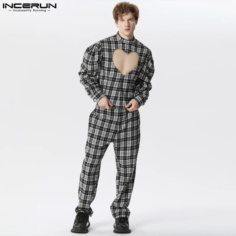 INCERUN 2024 American Style Mens Sets Heart Hollow Leg Of Mutton Sleeve Shirts Long Pants Casual Streetwear Two-piece Sets S-5XL