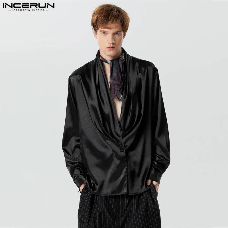 INCERUN Tops 2024 American Style Fashion Men Swing Collar Satin Blazer Casual Solid All-match Male Long Sleeved Suit Coats S-5XL