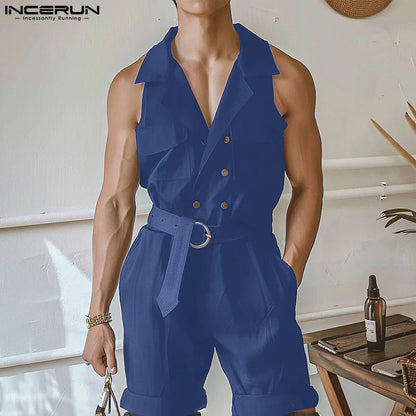 Fashion Casual Style Men's Jumpsuits INCERUN 2024 Solid Suit collar Design Rompers Button Waist Belt Sleeveless Bodysuits S-5XL