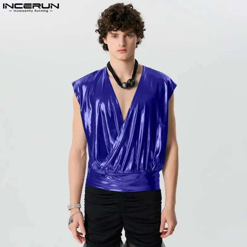 INCERUN Tops 2024 American Style Fashion New Men V-neck Flash Fabric T-shirts Casual Loose Comfortable Sleeveless Camiseta S-5XL