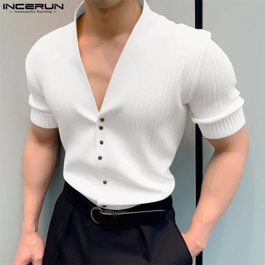 INCERUN Tops 2024 Korean Style New Mens Simple Striped V-neck Short Sleeved T-shirts Casual Streetwear Male Solid Camiseta S-5XL