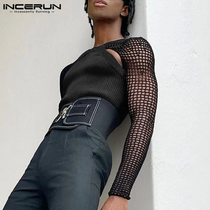 Fashion Casual Men Vest Camiseta Suit 2 Pieces Sexy Leisure Male Short Vests Hollow Breathable Mesh T-shirts S-5XL INCERUN 2023