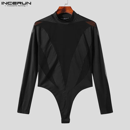 Sexy Stylish Bodysuits INCERUN Mens Homewear O-Neck Mesh Splice Bodysuits Casual Solid Long Sleeve Thin Triangle Jumpsuits S-5XL