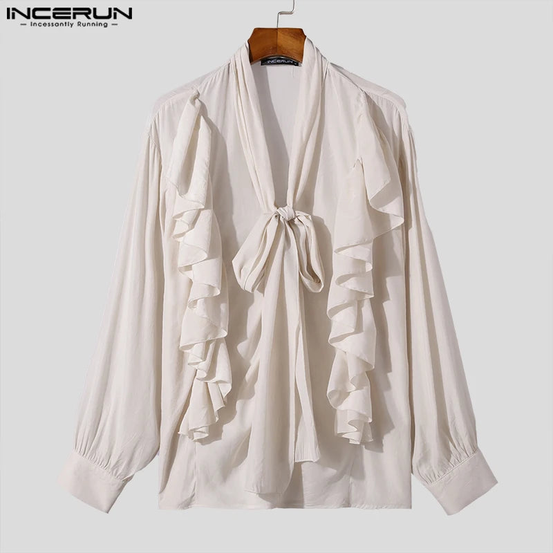 Fashion Sexy Style Tops INCERUN Handsome Men Loose Tie Design Ruffled Shirt Casual Clubwear Solid Long Sleeved Blouse S-5XL 2024