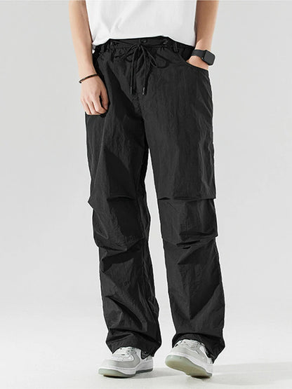 HOUZHOU Pantalon de sport parachute pour homme, pantalon de jogging en soie glacée, pantalon à jambe large, streetwear ample et décontracté, style américain