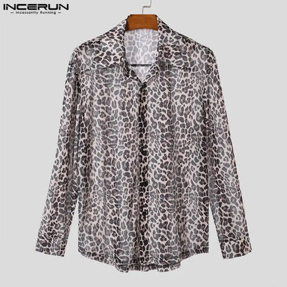 INCERUN Tops 2024 Korean Style Fashion New Men's Perspective Leopard Print Shirts Casual Clubwear Male Long Sleeved Blouse S-5XL