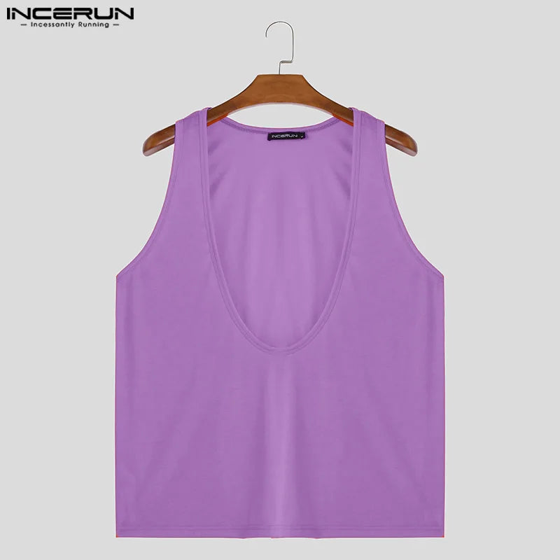 INCERUN Tops 2024 Style coréen Hommes Mode Solide Simple Gilets Décontractés Streetwear Hommes Sports En Forme De U Sans Manches Débardeurs S-5XL