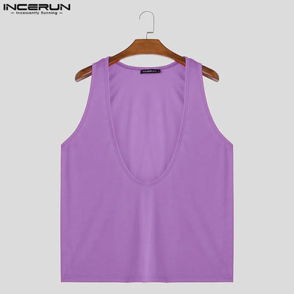 INCERUN Tops 2024 Koreanische Stil Mens Fashion Solid Einfache Westen Casual Streetwear Männlichen Sport U-förmigen Ärmellose Tank Tops S-5XL