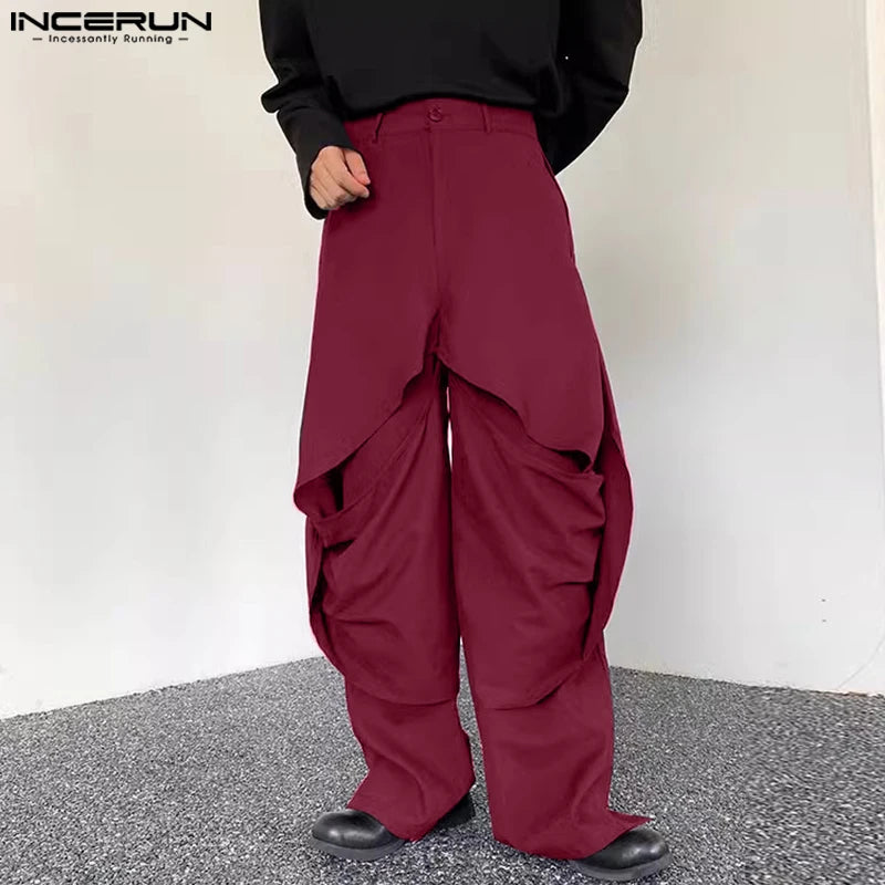 INCERUN 2024 Pantalons de style coréen Nouveaux hommes Conception plissée à double couche Pantalons longs solides Loisirs Streetwear Pantalons amples S-5XL