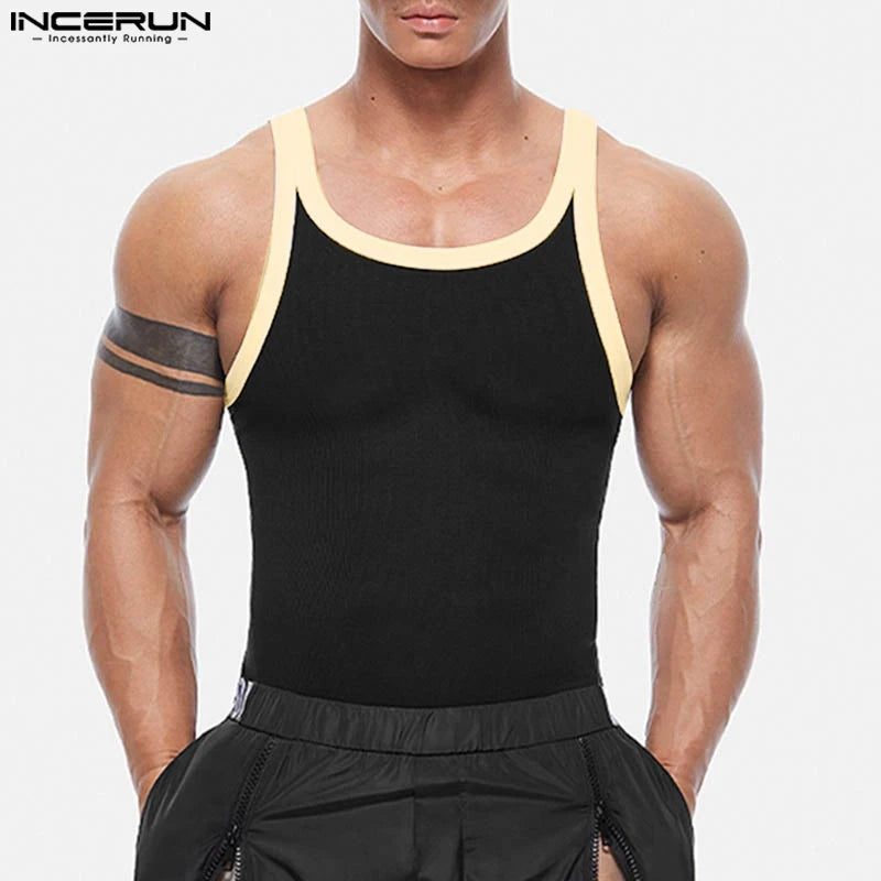 INCERUN Tops 2024 Style Coréen Mode Hommes Sexy Col Serré Contraste Couleur Gilets Été Streetwear Sans Manches Débardeurs S-5XL