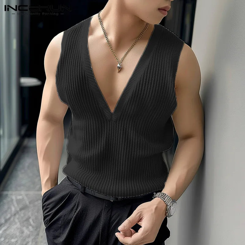 INCERUN Tops 2024 Handsome Men's Deep V Vertical Stripe Knitted Hollow Tank Tops Leisure Streetwear Thin Sleeveless Vests S-5XL