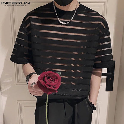 INCERUN Tops 2023 Korean Style Men Fashion O-neck Horizontal Stripe T-shirt Casual Sexy See-through Short Sleeved Camiseta S-5XL