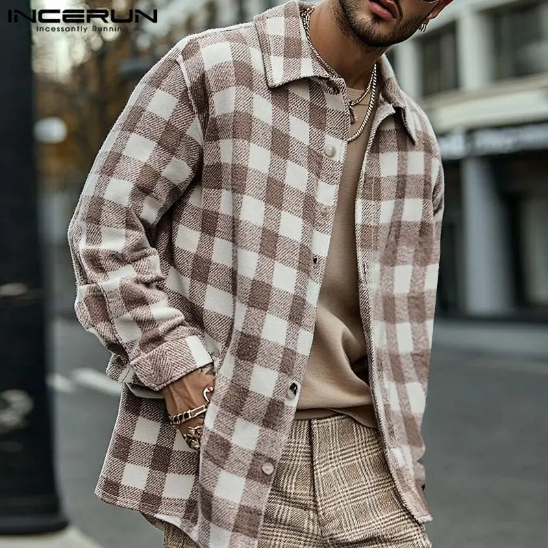 Fashion Casual Style Tops INCERUN 2024 New Men's Plaid Design Pattern Shirts Handsome Male All-match Long Sleeved Blouse S-5XL