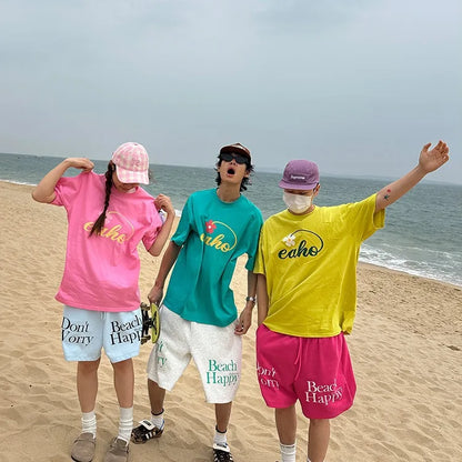 HOUZHOU Y2k Pink Wide Shorts Pants Men Harajuku Hawaiian Beach Oversized Casual Joggers Korean Streetwear Baggy Sports Trousers