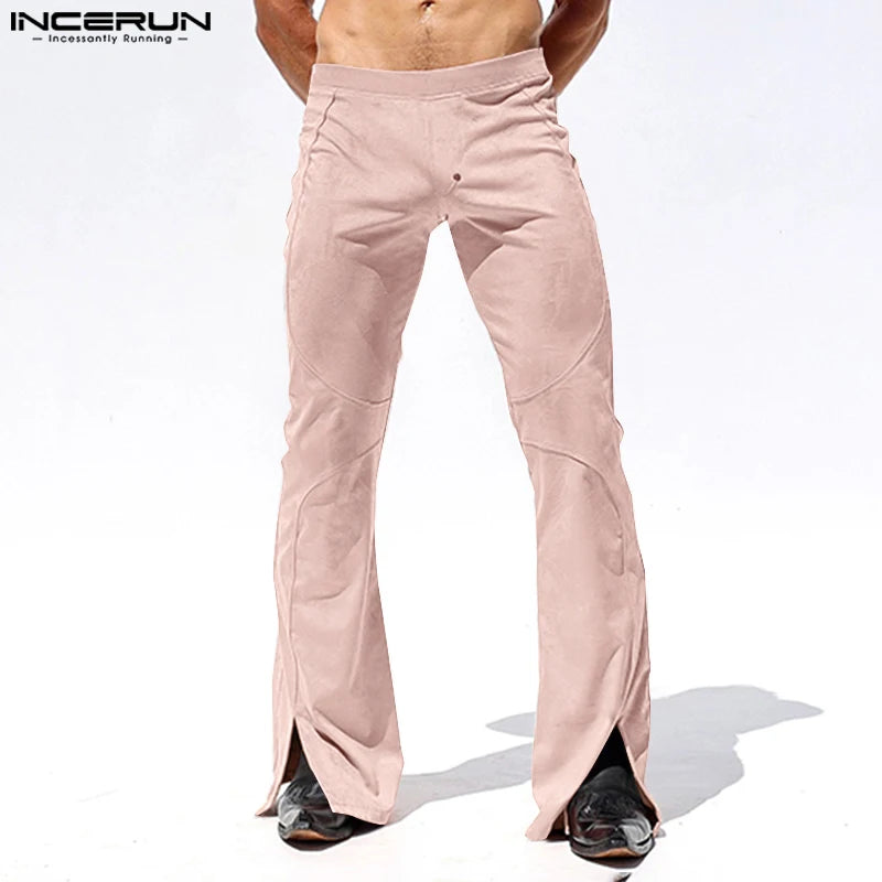 INCERUN 2024 American Style Trousers Stylish Men's Suede Split Pants Leisure Streetwear Personality Solid Color Pantalons S-5XL