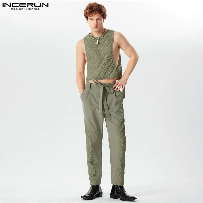 2024 Men Sets Patchwork Streetwear O-neck Sleeveless Zipper Tank Tops & Lace Up Pants 2PCS Fashion Men's Casual Suits INCERUN