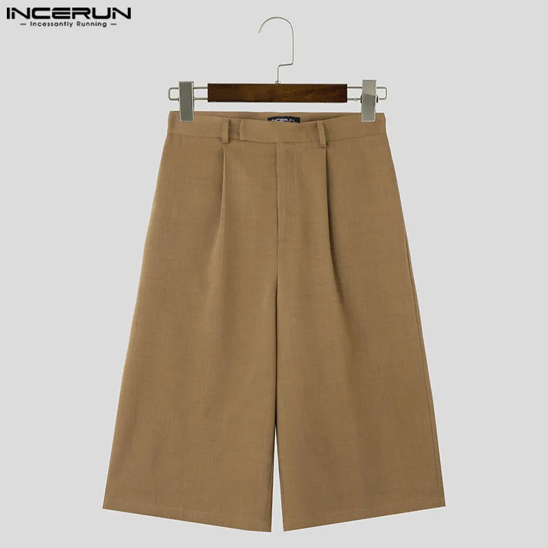 INCERUN 2024 Korean Style Trousers Mens Dual Color Plain Design Pant Casual Solid Simple All-match Loose Cropped Pantalons S-5XL