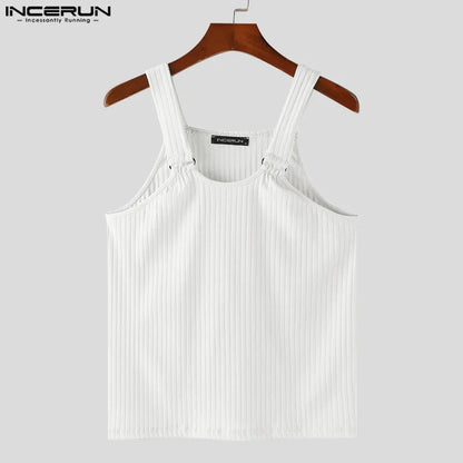 INCERUN Tops 2024 Korean Style Fashion Mens Tight Striped Vests Casual Streetwear Metal Buckle Design Sleeveless Tank Tops S-5XL