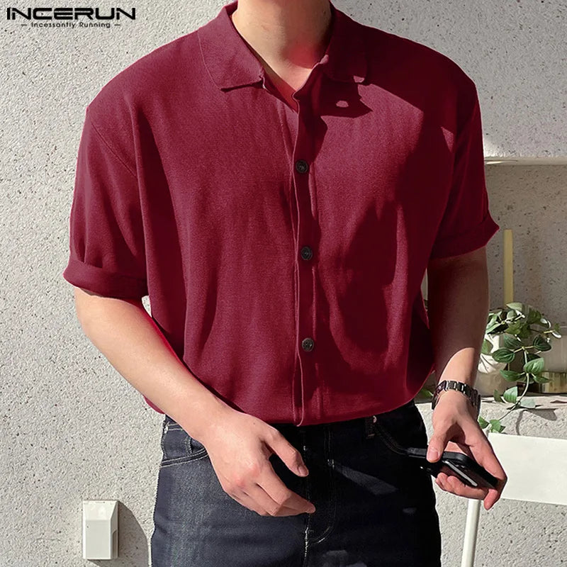 INCERUN Tops 2024 Korean Style Handsome New Men's Solid Knitted Shirts Casual Well Fitting Male Lapel Short Sleeved Blouse S-5XL