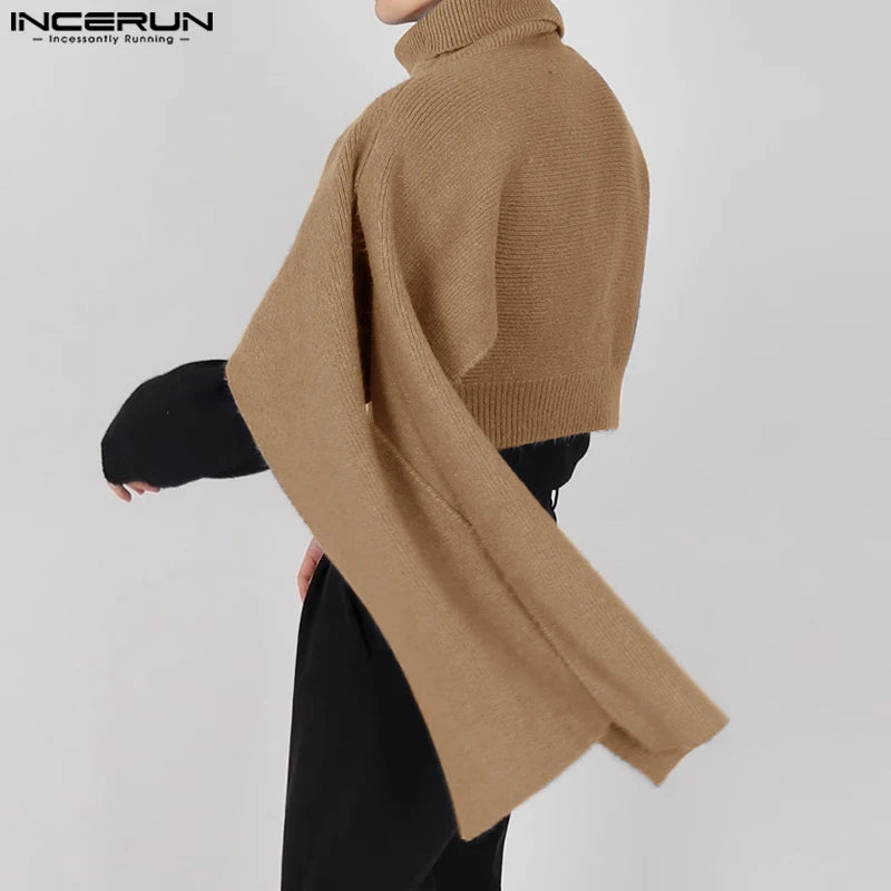 INCERUN Tops 2023 Korean Style Men's Cape Knitted High Necked Pullovers Stylish Irregular Cape Knitted Turtleneck Sweater S-5XL