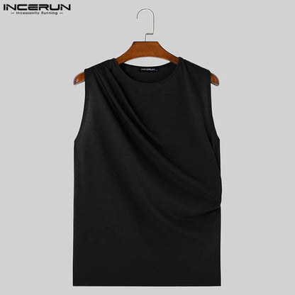 INCERUN Tops 2024 American Style New Men's Pleated Design Solid Simple Vests Casual Streetwear Male Comfortable Tank Tops S-5XL