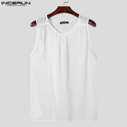 INCERUN Tops 2024 Korean Style Fashion New Men Simple Perspective Vests Casual Streetwear Male O-neck Sleeveless Tank Tops S-5XL