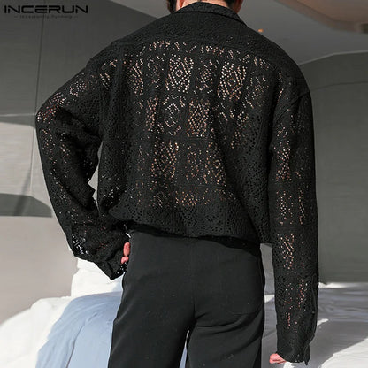 INCERUN 2024 Men Shirt Lace Transparent Loose Lapel Long Sleeve Men Clothing Streetwear Sexy Hollow Out Fashion Casual Shirts