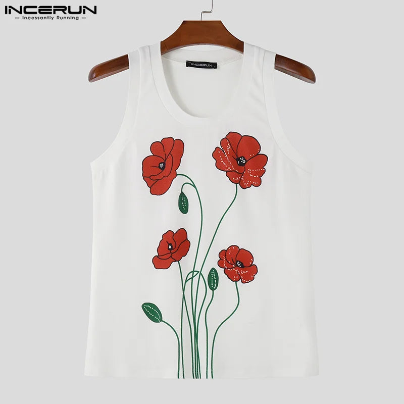 INCERUN Tops 2024 American Style Summer Fashion Mens Floral Print Vests Casual Streetwear Male Sleeveless O-neck Tank Tops S-5XL