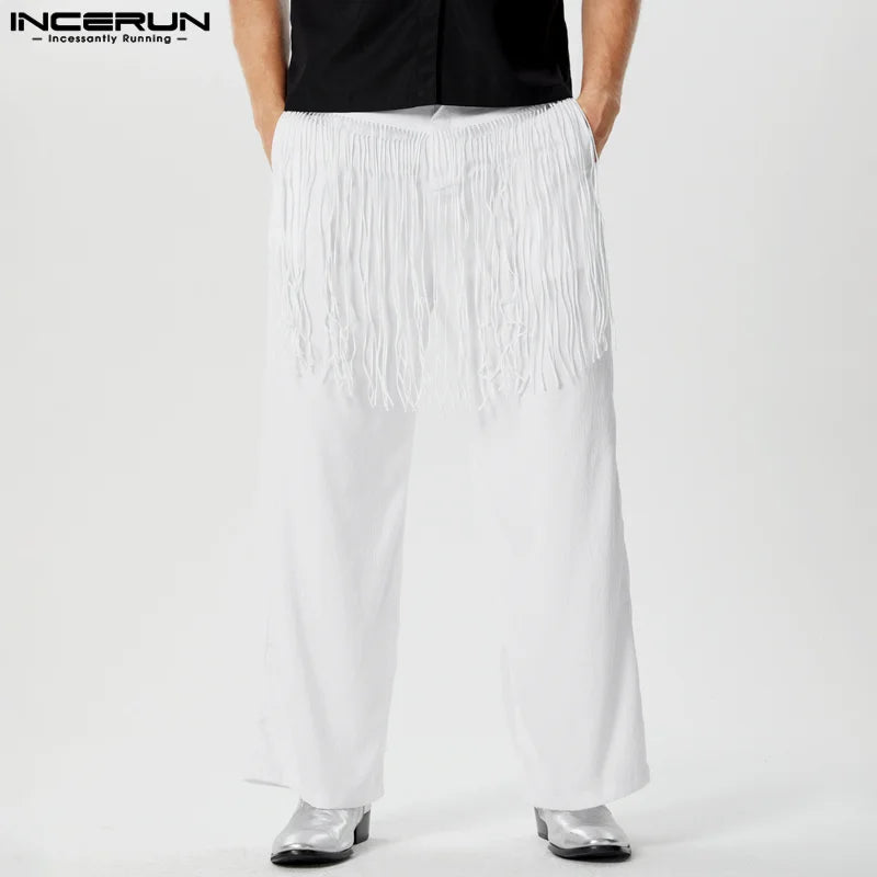 INCERUN 2024 American Style Trousers Mens Thin Fringe Patchwork Straight Pant Leisure Clubwear Personality Solid Pantalons S-5XL