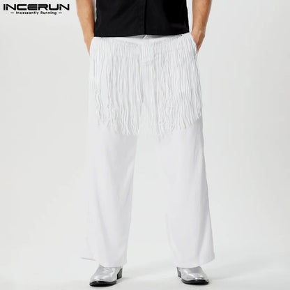 INCERUN 2024 American Style Trousers Mens Thin Fringe Patchwork Straight Pant Leisure Clubwear Personality Solid Pantalons S-5XL