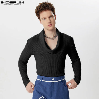 Fashion Well Fitting Tops INCERUN Men's Pile Neck Pullover Casual Streetwear Male Striped Solid Long Sleeved Sweater S-5XL 2024