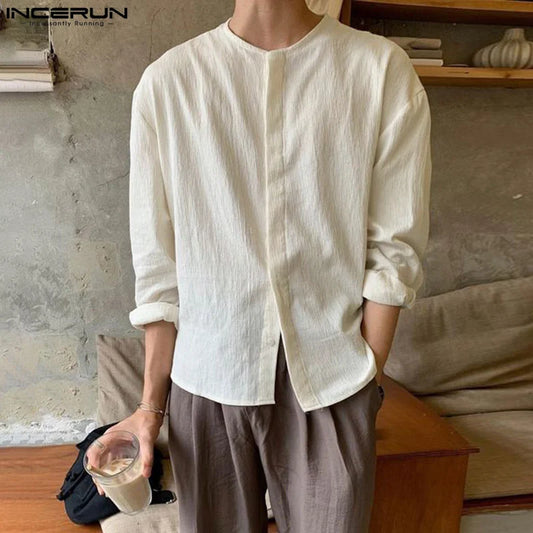 INCERUN Tops 2024 Korean Style Men's Simple Solid Pleated Shirts Casual Streetwear Male Summer O-neck Long Sleeved Blouse S-5XL