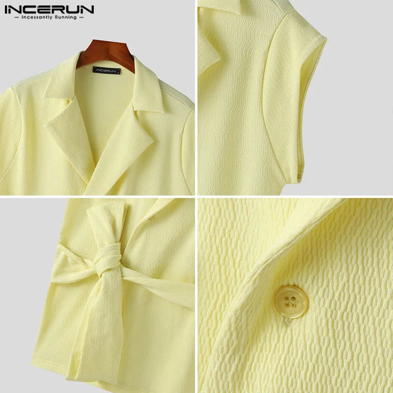 Casual Simple Style Tops INCERUN Men's Texture Slanted Placket Design Shirts Fashion Drawstring Sleeveless Cardigan Blouse S-5XL