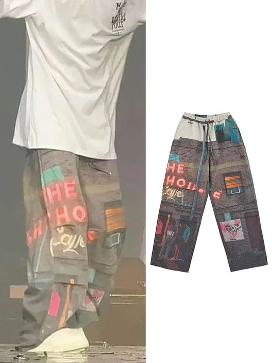 HOUZHOU Y2K Jogginghose Herren Sporthose mit Print Weite Beinhose Männliches Muster Streetwear Hip Hop Grafik Locker Lässig